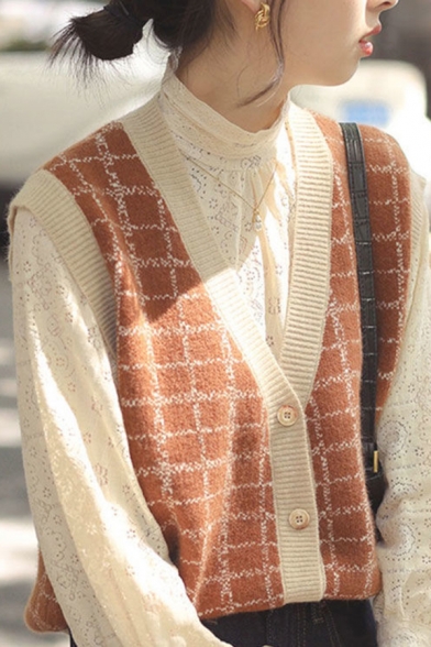 Vintage Womens Sweater Plaid Print V-Neck Button Up Rib Trim Sleeveless Regular Fit Vest