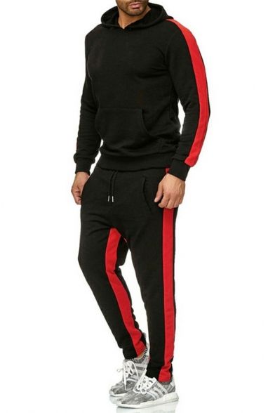 Athletic Co-ords Stripe Print Long Sleeve Drawstring Hoodie with Pants Co-ords for Men