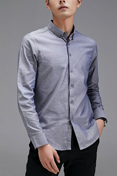 Basic Mens Shirt Plain Long Sleeve Button-down Collar Slim Fit Button Shirt
