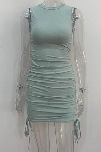 Casual Tank Dress Solid Sashes Drawstring Side Mini Womens Dress