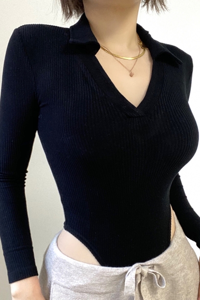 Casual Womens Bodysuit Solid Color V-Neck Long Sleeve Slim Fit Bodysuit
