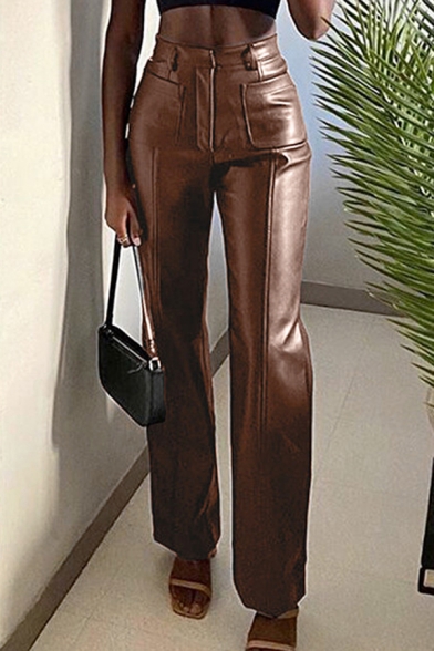 Chic Womens Pants Solid PU Leather Zip Fly Center Seam High Rise Straight Pants