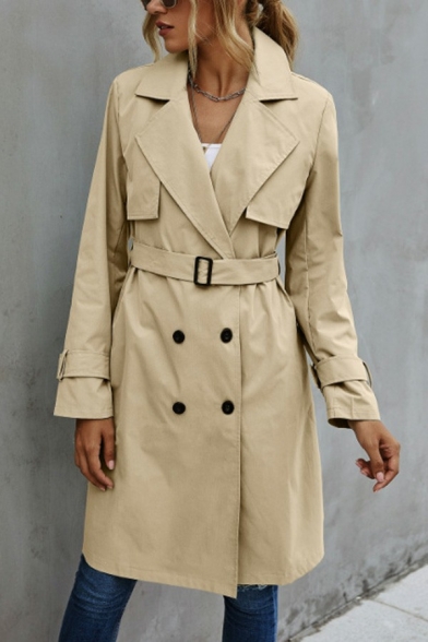 Classical Womens Trench Coat Double Breasted Notched Lapel Collar Solid Color Belted Regular Fit Trench Coat