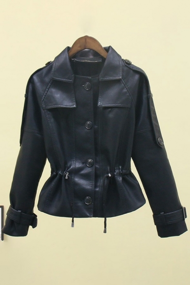 Creative Womens PU Jacket Plain Lapel Collar Button Closure Drawstring Waist Slim Fit Leather Jacket