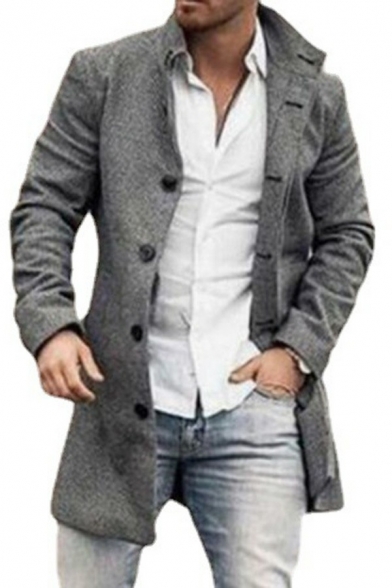 Edgy Mens Coat Solid Color Lapel Collar Regular Long Sleeve Single Breasted Trench Coat