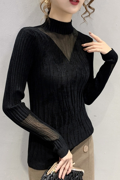 Fashion Womens Knit Top Solid Color Mock Neck Lace Patchwork Long Sleeve Slim Fit Knit Top