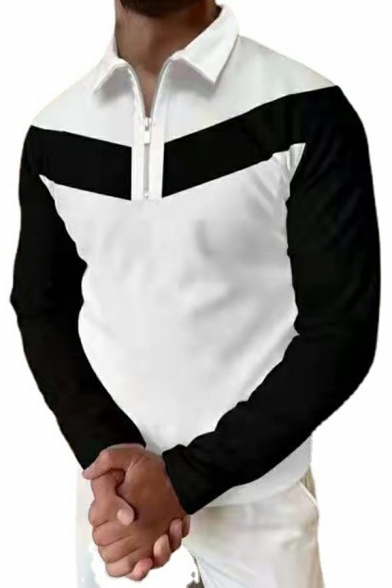 Guys Street Look Polo Shirt Color-blocking Long Sleeve 1/2 Zip Collar Fitted Polo Shirt