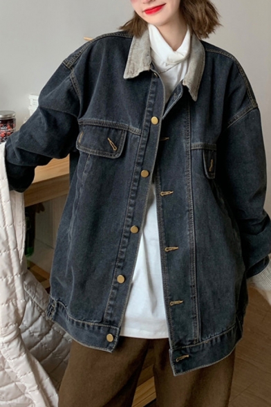Leisure Girls Jacket Plain Color Single Breasted Contrast Collar Pockets Detail Long Sleeve Relaxed Denim Jacket