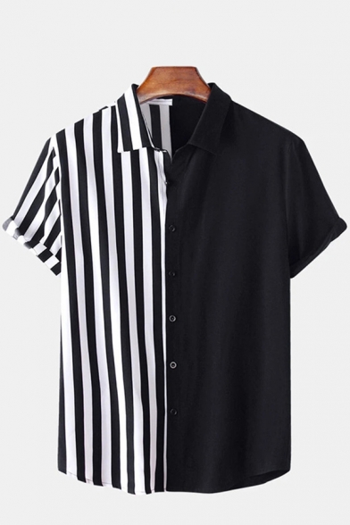 Men Casual Shirt Striped Print Contrast Color Spread Collar Short Sleeve Regular Button up Shirt