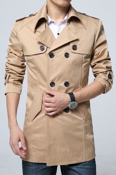 Mens Trench Coat Simple Plain Double Breasted Long Sleeve Lapel Collar Regular Fit Trench Coat