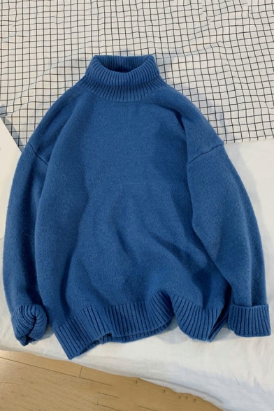 Original Guy's Sweater Whole Colored Ribhem Long Sleeve High Neck Baggy Pullover Sweater
