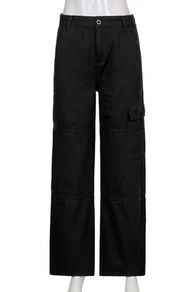 Simple Womens Pants Plain Color Zip Up High Rise Flap Pockets Full Length Straight Pants