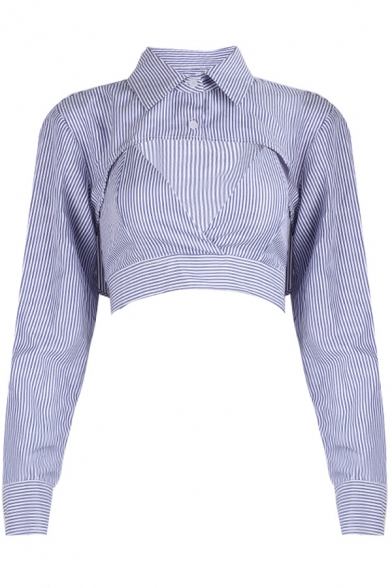 Stylish Girls Shirt Lapel Collar Stripe Print Button Down Two Piece Crop Shirt Slim Fit in Blue