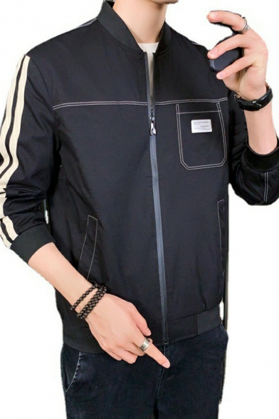 Trendy Mens Jacket Contrast Stripe Pocket Stand Collar Regular Fit Bomber Baseball Jacket