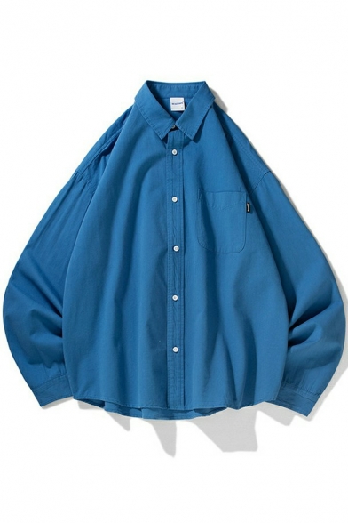 Vintage Boys Shirt Plain Long Sleeve Chest Pocket Turn-down Collar Regular Fit Button Shirt