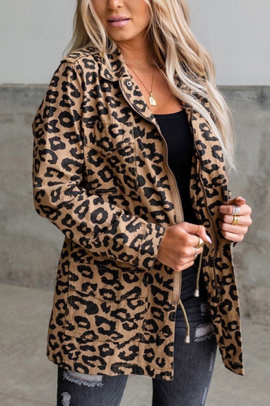 Vintage Leopard Print Jacket Zipper Down Lapel Long Sleeve Drawstring Waist Regular Fit Jacket