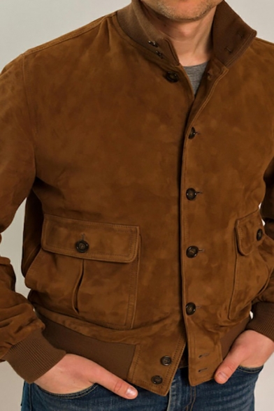 Vintage Plain Guys Coat Button Closure Long Sleeve Stand Collar Regular Fit Coat