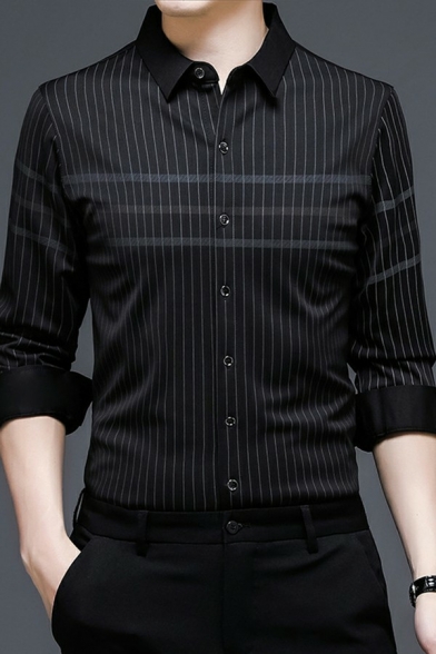 Basic Mens Jacquard Shirt Stripe Print Long Sleeve Turn-down Collar Slim Fit Button Shirt