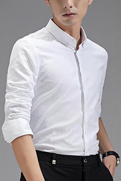 Basic Mens Shirt Plain Long Sleeve Button-down Collar Slim Fit Button Shirt