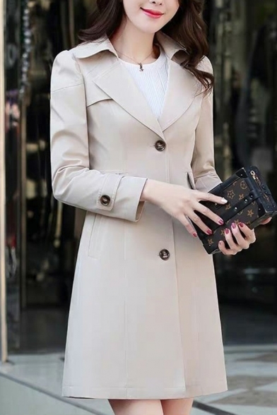 Basic Plain Trench Coat Notched Lapel Collar Single Breasted Trench Coat for Ladies