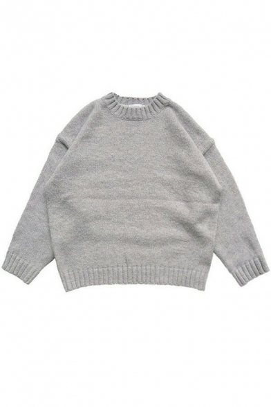 Boys Pop Pullover Sweater Solid Ribbed Cuffs Round Neck Long Sleeve Loose Pullover Sweater