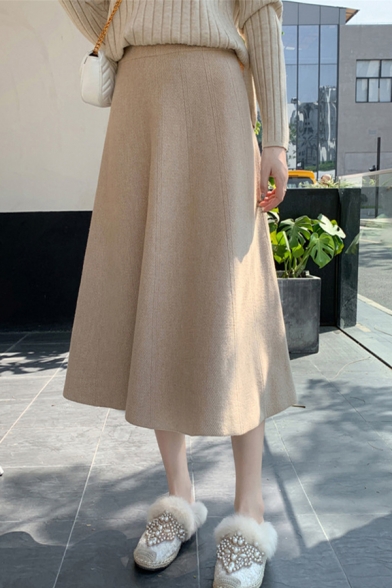 Casual A-Line Skirt Solid Color Knitted Midi Skirt for Ladies