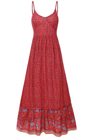 Casual Slip Dress Floral Print Deep V-Neck Slip Maxi Dress for Women