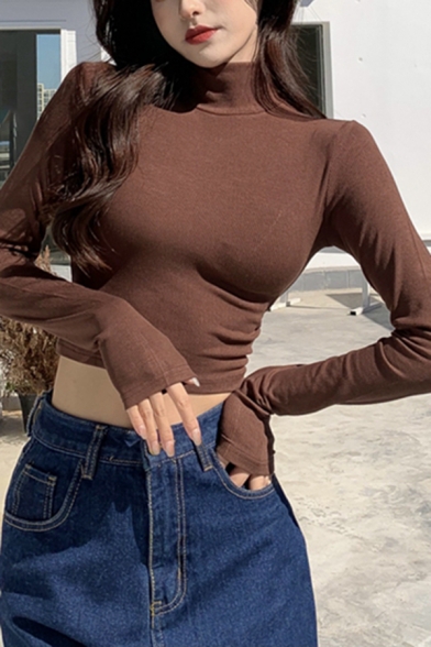 Chic Womens Crop Top Plain Mock Neck Long Sleeve Slim Fitted Knit Top