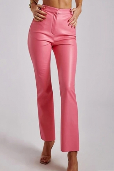 Cool Ladies Pants Plain Color PU Leather Zip Closure High Rise Ankle Length Bootcut Pants