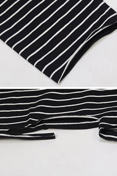 Fancy Striped T-Shirt Crew Neck Raw Hem Long Sleeve Loose Fit T-Shirt for Women