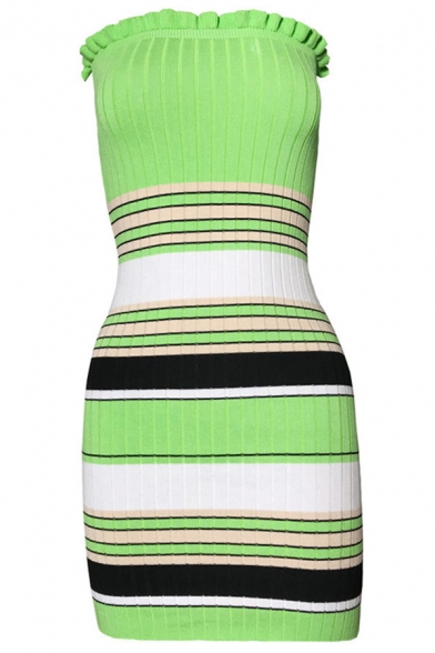 Fashion Strapless Dress Striped Pattern Slim Fit Mini Dress for Women