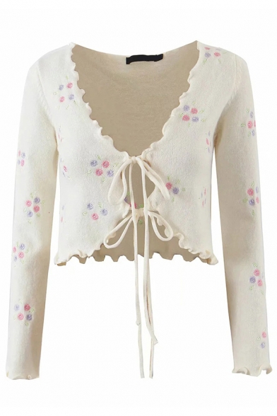 Fashionable Womens Cardigan V Neck Flower Embroidery Lace-Up Slim Fit Long-Sleeved Crop Cardigan