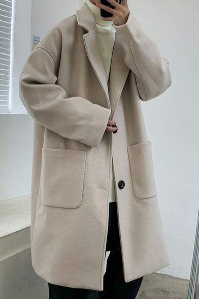 Guy's Fashion Coat Plain Long Sleeves Lapel Collar Relaxed Fit Button Placket Pea Coat