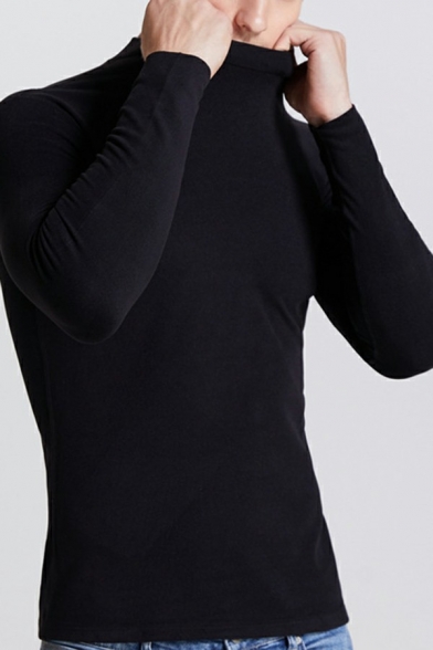Guy's Leisure Tee Shirt Solid Color Long-sleeved Mock Neck Slim Fitted T-Shirt