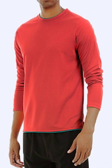 Leisure T-Shirt Solid Color Long Sleeve Round Neck Regular Fit T-Shirt for Men