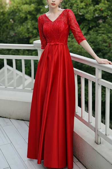 Luxury Party Flare Dress Solid Color Slim Fit Half-Sleeved Maxi Dress for Women