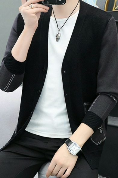 Mens Pop Cardigan Pure Color V-Neck Long Sleeves Regular Fit Button down Cardigan
