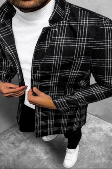 Mens Trench Coat Casual Plaid Print Button up Long Sleeve Lapel Collar Regular Fit Trench Coat