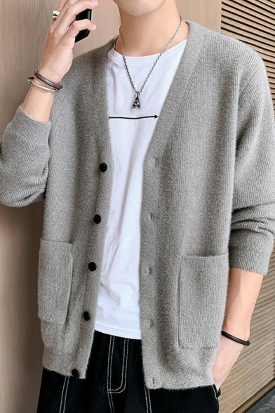 Popular Boys Cardian Pure Color V Neck Long-sleeved Loose Fitted Button down Cardian