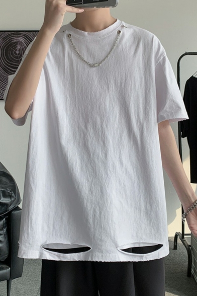 Popular Boys Ripped T-Shirt Pure Color Short Sleeve Chain Decoration Round Neck Regular Fit T-Shirt
