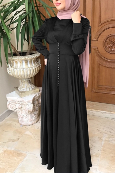 Retro Womens Dress Plain Color High-Waist Round Neck Long Sleeve Maxi A-Line Dress