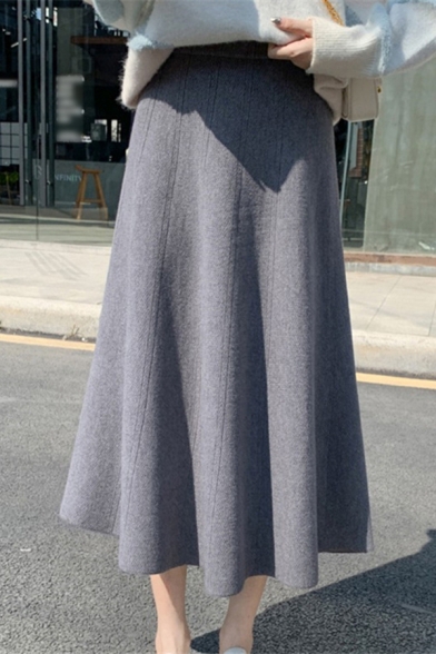 Simple Knitted Skirt Solid Color High Waist A-Line Skirt for Ladies