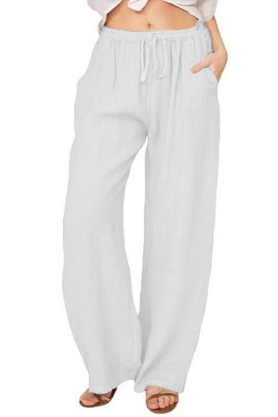 Simplicity Ladies Pants Solid Color Linen Elastic Waist Long Length Relaxed Fit Wide Leg Pants