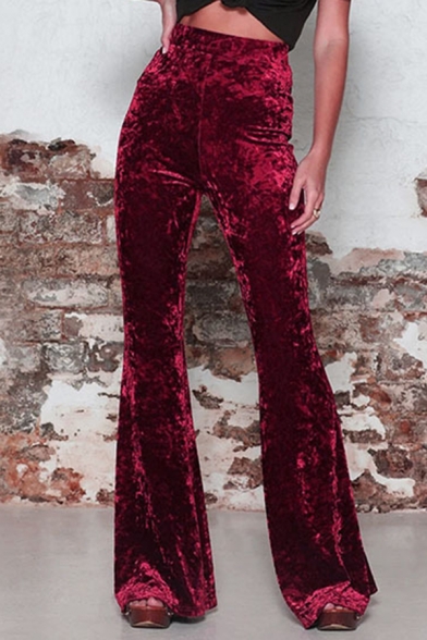 Stylish Ladies Pants Solid Velvet Elastic Waist Mid Rise Full Length Bootcut Pants