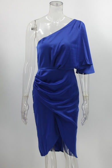 Trendy Asymmetrical Dress Solid One Shoulder Draped High Low Womens Dress