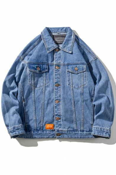 Vintage Boy's Jacket Solid Color Button Closure Spread Collar Loose Fit Denim Jacket