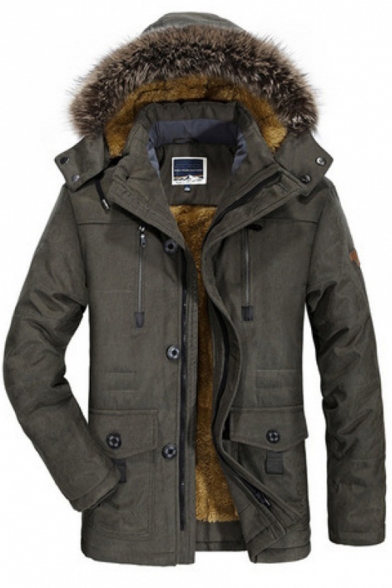 Warm Mens Coat Plain Zip Closure Inner Fleece Long Sleeve Regular Fit Coat with Hood