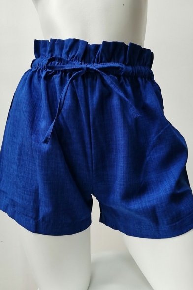Basic Womens Plain Shorts Drawstring Waist Ruffle Detail Relaxed Fit Linen Shorts