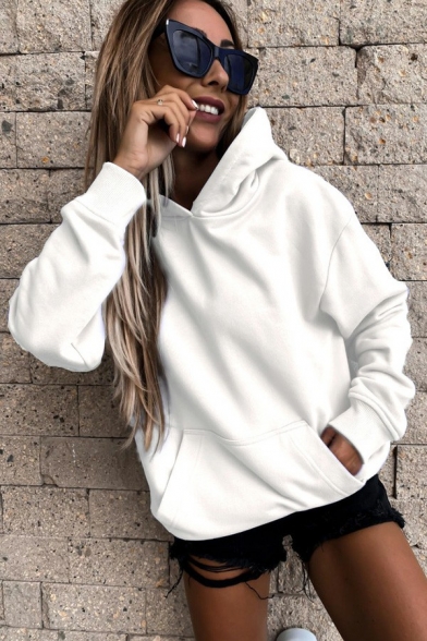 Casual Womens Hoodie Solid Color Pocket Front Long Sleeve Hooded Sweatshirt