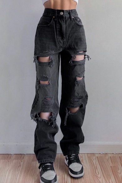 Chic Girls Jeans Black Zip Closure High Waist Cut-Outs Straight Boyfriend Denim Pants
